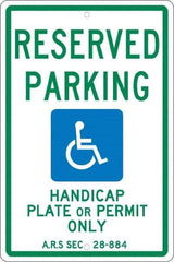 NMC - "Reserved Parking Handicap Plate Or Permit Only A.R.S SEC 28-884", "Handicap Symbol", 12" Wide x 18" High, Aluminum Reserved Parking Signs - 0.063" Thick, Green & Blue on White, Rectangle, Post Mount - Industrial Tool & Supply