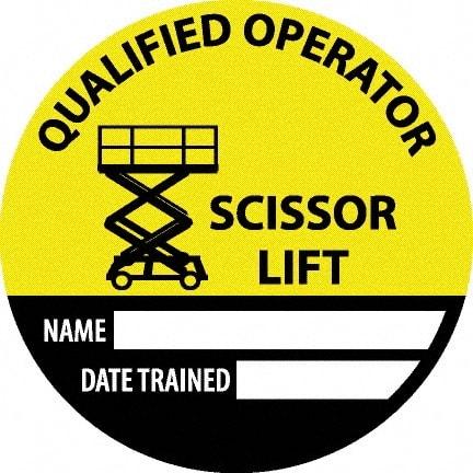 NMC - Safety Trained Scissor Lift - Name ____ Date Trained ____, Hard Hat Label - Round, Yellow, Black, White, 0.004" Thick, Indoor or Outdoor, Adhesive Backed, For Accident Prevention - Industrial Tool & Supply