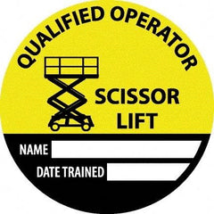 NMC - Safety Trained Scissor Lift - Name ____ Date Trained ____, Hard Hat Label - Round, Yellow, Black, White, 0.004" Thick, Indoor or Outdoor, Adhesive Backed, For Accident Prevention - Industrial Tool & Supply