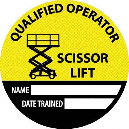 NMC - Safety Trained Scissor Lift - Name ____ Date Trained ____, Hard Hat Label - Round, Yellow, Black, White, 0.004" Thick, Indoor or Outdoor, Adhesive Backed, For Accident Prevention - Industrial Tool & Supply