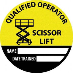 NMC - Safety Trained Scissor Lift - Name ____ Date Trained ____, Hard Hat Label - Round, Yellow, Black, White, 0.004" Thick, Indoor or Outdoor, Adhesive Backed, For Accident Prevention - Industrial Tool & Supply