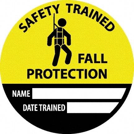 NMC - Safety Trained Fall Protection - Name ____ Date Trained ____, Hard Hat Label - Round, Yellow, Black, White, 0.004" Thick, Indoor or Outdoor, Adhesive Backed, For Accident Prevention - Industrial Tool & Supply