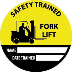 NMC - Safety Trained Fork Lift - Name ____ Date Trained ____, Hard Hat Label - Round, Yellow, Black, White, 0.004" Thick, Indoor or Outdoor, Adhesive Backed, For Accident Prevention - Industrial Tool & Supply