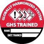 NMC - Globally Harmonized System GHS Trained - Name ____ Date Trained ____, Hard Hat Label - Diamond, Black & White on Red, 0.004" Thick, Indoor or Outdoor, Adhesive Backed, For Accident Prevention - Industrial Tool & Supply