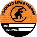 NMC - Confined Space Trained - Name ____ Date Trained ____, Hard Hat Label - Round, Black & Orange on White, 0.004" Thick, Indoor or Outdoor, Adhesive Backed, For Accident Prevention - Industrial Tool & Supply