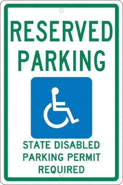 NMC - "Reserved Parking State Disabled Parking Permit Required", "Handicap Symbol", 12" Wide x 18" High, Aluminum ADA Signs - 0.063" Thick, Green & Blue on White, Rectangle, Post Mount - Industrial Tool & Supply
