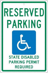 NMC - "Reserved Parking State Disabled Parking Permit Required", "Handicap Symbol", 12" Wide x 18" High, Aluminum ADA Signs - 0.063" Thick, Green & Blue on White, Rectangle, Post Mount - Industrial Tool & Supply