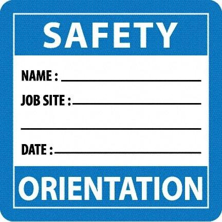 NMC - Safety Orientation - Name ____ Job Site ____ Date ____, Hard Hat Label - Blue/White/Black, 0.045" Thick, For Accident Prevention - Industrial Tool & Supply