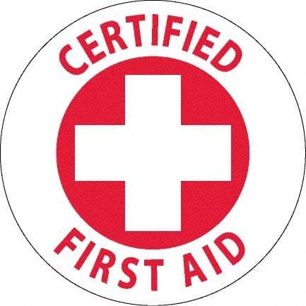 NMC - Certified First Aid, Hard Hat Label - Red on White, 0.045" Thick, For Accident Prevention - Industrial Tool & Supply