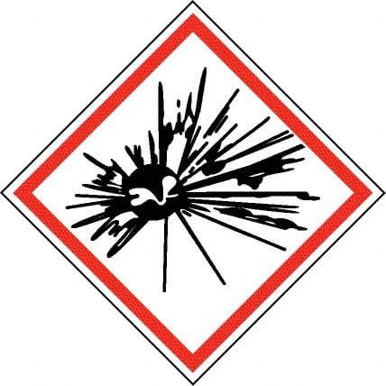 NMC - Hazardous Materials Label, Header: Explosive Warning - Legend: GHS - Graphic, English, Black & Red, 4" Long x 4" High, No Coating - Industrial Tool & Supply