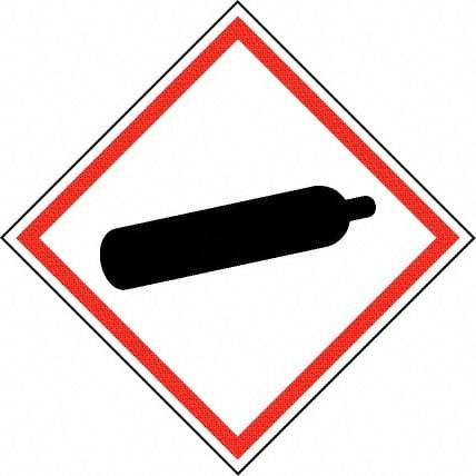 NMC - Hazardous Materials Label, Header: Compressed Gas Warning - Legend: GHS - Graphic, English, Black & Red, 4" Long x 4" High, No Coating - Industrial Tool & Supply