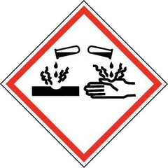 NMC - Hazardous Materials Label, Header: Corrosive Warning - Legend: GHS - Graphic, English, Black & Red, 4" Long x 4" High, No Coating - Industrial Tool & Supply