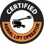 NMC - Certified Aerial Lift Operator, Hard Hat Label - Round, Black & Orange on White, 0.004" Thick, Indoor or Outdoor, Adhesive Backed, For Certified Operator - Industrial Tool & Supply