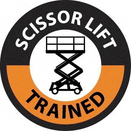 NMC - Scissor Lift Trained, Hard Hat Label - Round, Black & Orange on White, 0.004" Thick, Indoor or Outdoor, Adhesive Backed, For Accident Prevention - Industrial Tool & Supply