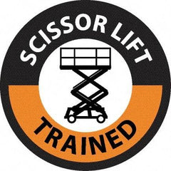 NMC - Scissor Lift Trained, Hard Hat Label - Round, Black & Orange on White, 0.004" Thick, Indoor or Outdoor, Adhesive Backed, For Accident Prevention - Industrial Tool & Supply