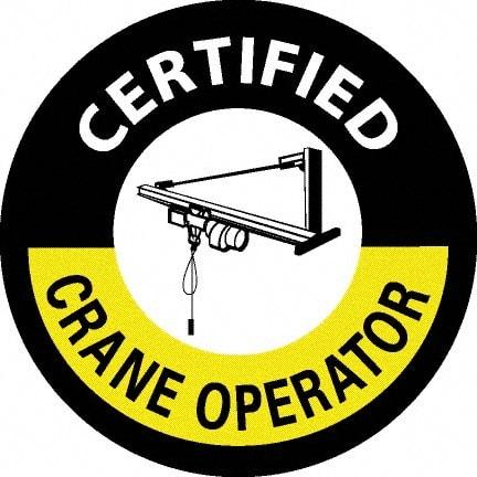 NMC - Certified Crane Operator, Hard Hat Label - Round, White & Yellow on Black, 0.004" Thick, Indoor or Outdoor, Adhesive Backed, For Certified Operator - Industrial Tool & Supply