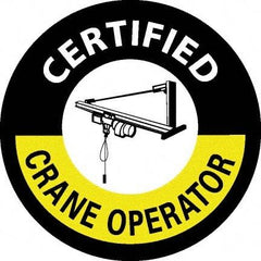 NMC - Certified Crane Operator, Hard Hat Label - Round, White & Yellow on Black, 0.004" Thick, Indoor or Outdoor, Adhesive Backed, For Certified Operator - Industrial Tool & Supply