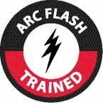 NMC - Arc Flash Trained, Hard Hat Label - Round, White & Red on Black, 0.004" Thick, Indoor or Outdoor, Adhesive Backed, For Accident Prevention - Industrial Tool & Supply