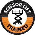NMC - Scissor Lift Trained, Hard Hat Label - Round, Black & Orange on White, 0.004" Thick, Indoor or Outdoor, Adhesive Backed, For Accident Prevention - Industrial Tool & Supply