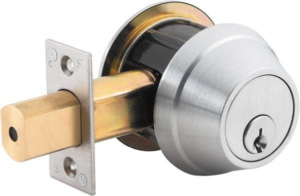 Stanley - 1-3/8 to 2" Door Thickness, Bright Brass Finish, Occupancy Indicator Deadbolt - Nonhanded Handling, Push in Lever Override, Keyless Cylinder - Industrial Tool & Supply