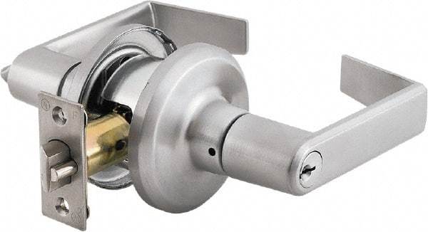 Stanley - Grade 2 Classroom Lever Lockset - 2-3/8 & 2-3/4" Back Set, Brass Alloy, Satin Chrome Finish - Industrial Tool & Supply