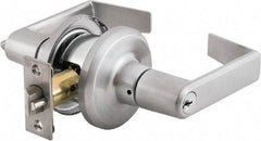 Stanley - Grade 2 Classroom Lever Lockset - 2-3/8 & 2-3/4" Back Set, Brass Alloy, Satin Chrome Finish - Industrial Tool & Supply