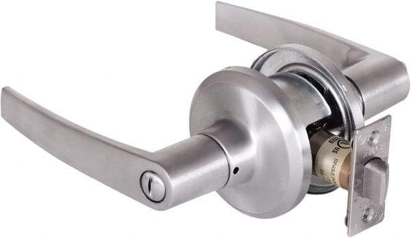 Stanley - Grade 2 Privacy Lever Lockset - 2-3/8 & 2-3/4" Back Set, Keyless Cylinder, Brass Alloy, Satin Chrome Finish - Industrial Tool & Supply