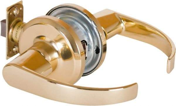 Stanley - Grade 2 Passage Lever Lockset - 2-3/8 & 2-3/4" Back Set, Keyless Cylinder, Brass Alloy, Bright Brass Finish - Industrial Tool & Supply