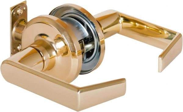 Stanley - Grade 2 Passage Lever Lockset - 2-3/8 & 2-3/4" Back Set, Keyless Cylinder, Brass Alloy, Bright Brass Finish - Industrial Tool & Supply