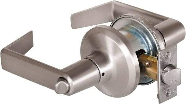 Stanley - Grade 2 Privacy Lever Lockset - 2-3/8 & 2-3/4" Back Set, Keyless Cylinder, Brass Alloy, Satin Nickel Finish - Industrial Tool & Supply