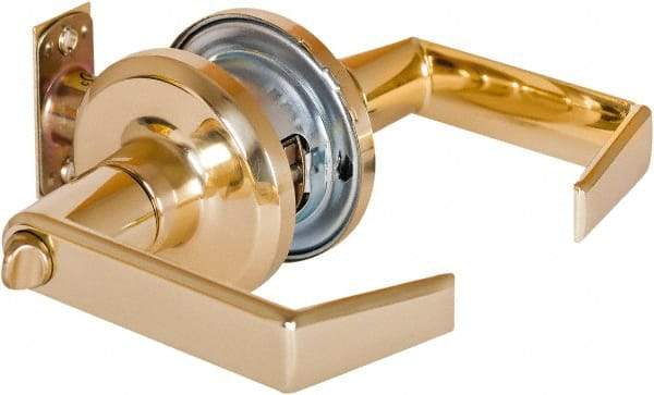 Stanley - Grade 2 Privacy Lever Lockset - 2-3/8 & 2-3/4" Back Set, Keyless Cylinder, Brass Alloy, Bright Brass Finish - Industrial Tool & Supply