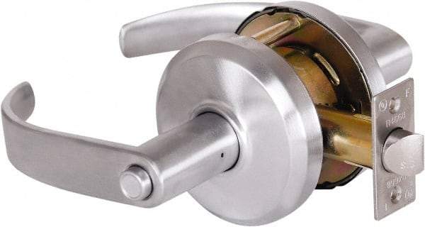 Stanley - Grade 2 Privacy Lever Lockset - 2-3/4" Back Set, Keyless Cylinder, Brass Alloy, Satin Chrome Finish - Industrial Tool & Supply