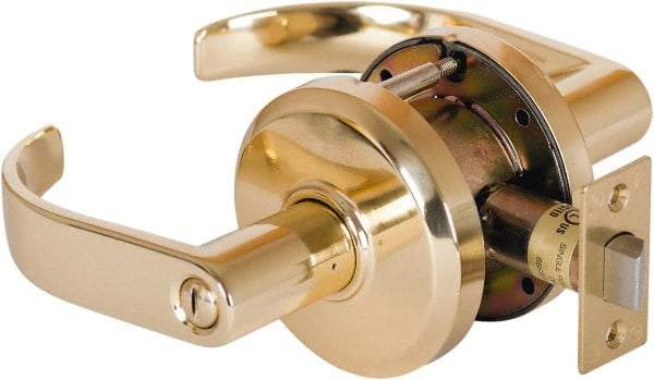 Stanley - Grade 2 Privacy Lever Lockset - 2-3/4" Back Set, Keyless Cylinder, Brass Alloy, Bright Brass Finish - Industrial Tool & Supply