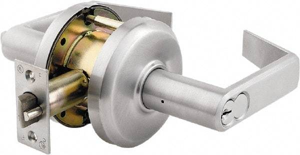 Stanley - Grade 2 Storeroom Lever Lockset - 2-3/4" Back Set, Key In Lever Cylinder, Brass Alloy, Satin Chrome Finish - Industrial Tool & Supply