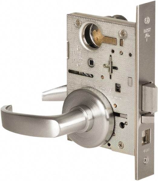 Best - Grade 1 Office Lever Lockset - 2-3/4" Back Set, Keyless Cylinder, Brass Alloy, Satin Chrome Finish - Industrial Tool & Supply