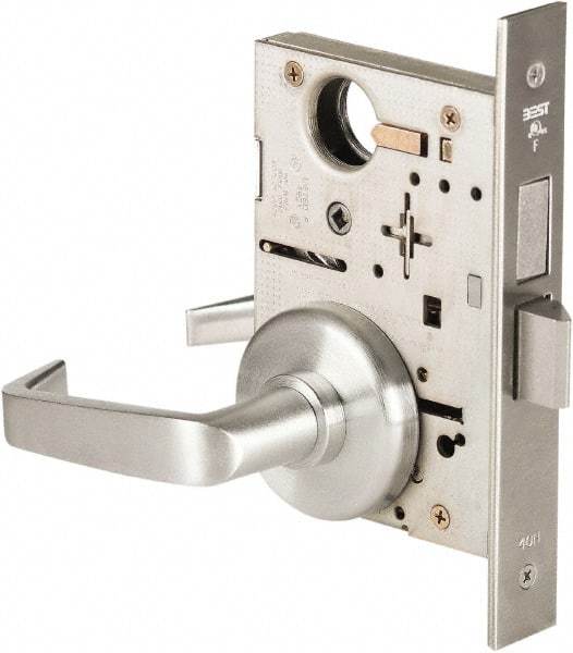 Best - Grade 1 Privacy Lever Lockset - 2-3/4" Back Set, Keyless Cylinder, Brass Alloy, Satin Chrome Finish - Industrial Tool & Supply