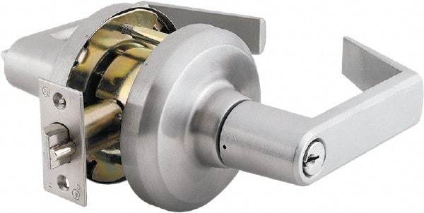 Stanley - Grade 1 Entrance Lever Lockset - 2-3/4" Back Set, Key In Lever Cylinder, Brass Alloy, Satin Chrome Finish - Industrial Tool & Supply
