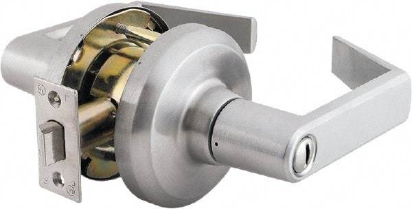 Stanley - Grade 1 Privacy Lever Lockset - 2-3/4" Back Set, Keyless Cylinder, Brass Alloy, Satin Chrome Finish - Industrial Tool & Supply