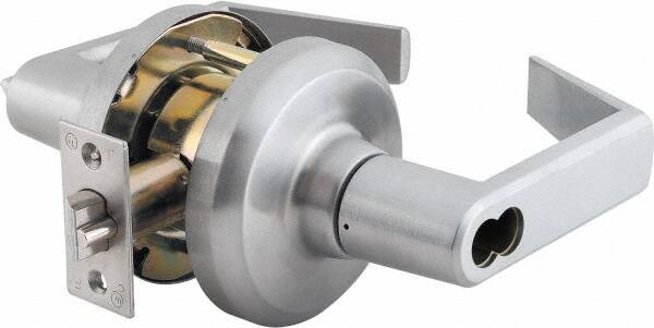 Stanley - Grade 1 Entrance Lever Lockset - 2-3/4" Back Set, Key In Lever Cylinder, Brass Alloy, Satin Chrome Finish - Industrial Tool & Supply