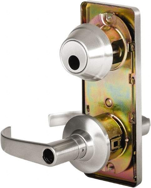 Stanley - Grade 2 Entry Lever Lockset - 2-3/4" Back Set, Key In Lever Cylinder, Brass Alloy, Satin Chrome Finish - Industrial Tool & Supply