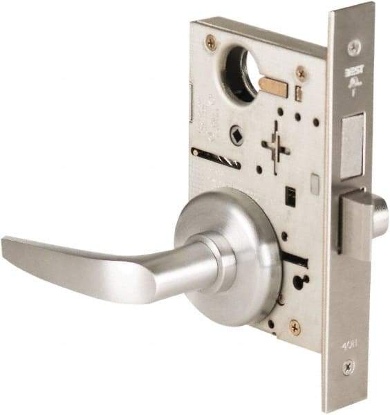 Best - Grade 1 Privacy Lever Lockset - 2-3/4" Back Set, Keyless Cylinder, Brass Alloy, Satin Chrome Finish - Industrial Tool & Supply