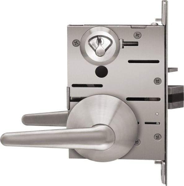 Stanley - Grade 1 Privacy Lever Lockset - 2-3/4" Back Set, Best SFIC Cylinder, Brass Alloy, Satin Stainless Steel Finish - Industrial Tool & Supply