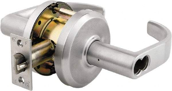 Stanley - Grade 1 Classroom Lever Lockset - 2-3/4" Back Set, Small Format I/C Less Cylinder, Brass Alloy, Satin Chrome Finish - Industrial Tool & Supply