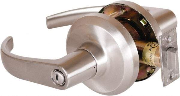 Stanley - Grade 1 Privacy Lever Lockset - 2-3/4" Back Set, Keyless Cylinder, Brass Alloy, Satin Nickel Finish - Industrial Tool & Supply