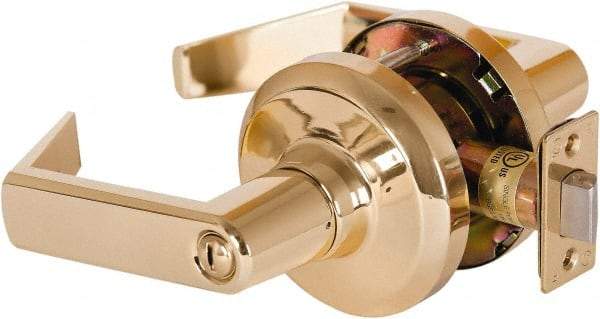 Stanley - Grade 1 Privacy Lever Lockset - 2-3/4" Back Set, Keyless Cylinder, Brass Alloy, Bright Brass Finish - Industrial Tool & Supply