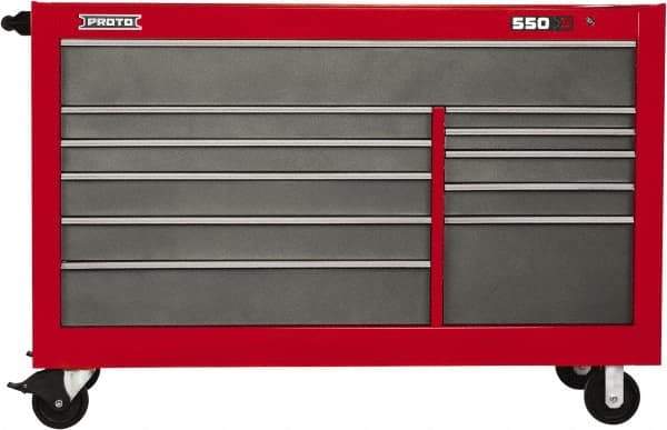 Proto - 35,917 Lb Capacity, 11 Drawer Mobile Workstation - 66" Wide x 27" Deep x 46" High, Steel, Safety Red & Gray - Industrial Tool & Supply