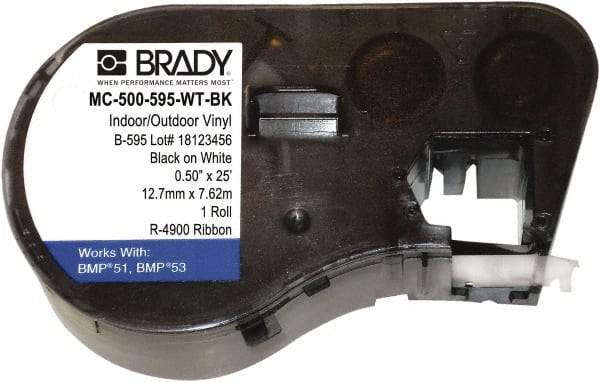 Brady - 1/2" Wide, Black & White Vinyl Labels - For BMP41 Label Printer, BMP51 Label Printer, BMP53 Label Printer - Industrial Tool & Supply