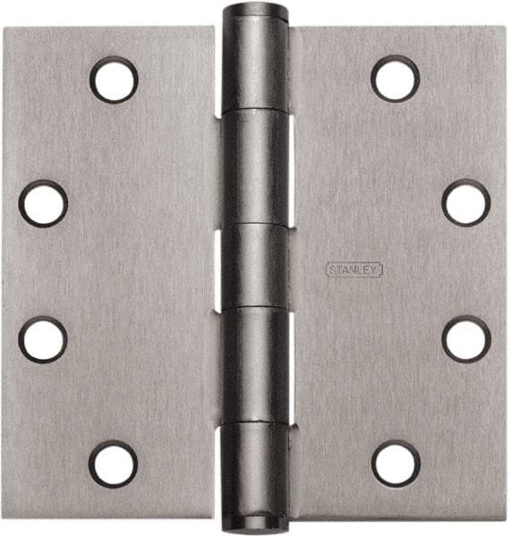 Stanley - 4-1/2" Long x 4-1/2" Wide 304 Stainless Steel Full Mortise Hinge - Satin Stainless Steel Finish, 5 Knuckles, 8 Holes - Industrial Tool & Supply
