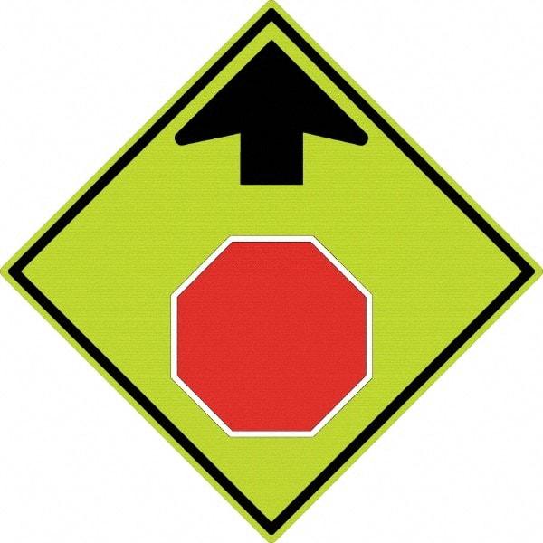 NMC - "Up Arrow, Stop Symbol", 30" Wide x 30" High, Aluminum Stop & Yield Signs - 0.08" Thick, Red & Black on Yellow, Diamond Grade Reflectivity, Diamond, Post Mount - Industrial Tool & Supply