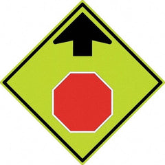 NMC - "Up Arrow, Stop Symbol", 30" Wide x 30" High, Aluminum Stop & Yield Signs - 0.08" Thick, Red & Black on Yellow, Diamond Grade Reflectivity, Diamond, Post Mount - Industrial Tool & Supply